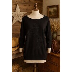 WHITE HOUSE BLACK MARKET SZ XL black boat neck 3/4 sleeve sweater - horse bling